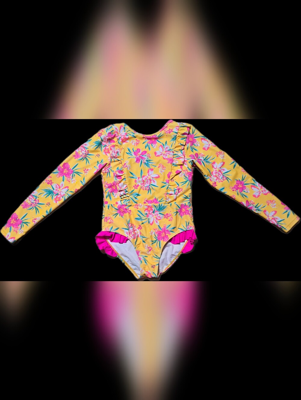 Size 6 Yellow/Pink Floral One-Piece Swimsuit with Pink Ruffle and Bow